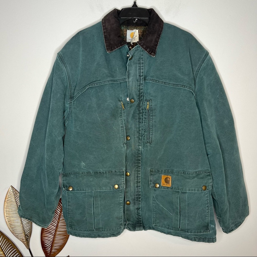 Vintage Carhartt Size L Blanket Lined Barnyard Barn Chore Coat Jacket Teal Green